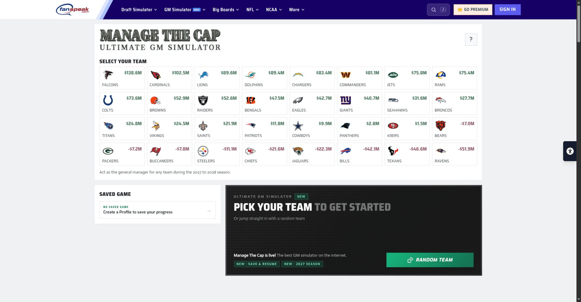Manage The Cap team selection, showing NFL teams and their starting cap positions.