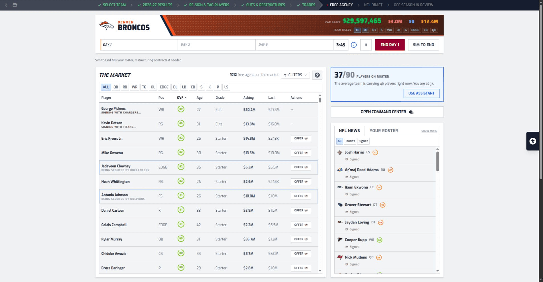 The Manage The Cap free-agent market, showing position filters, offers and the day timer.
