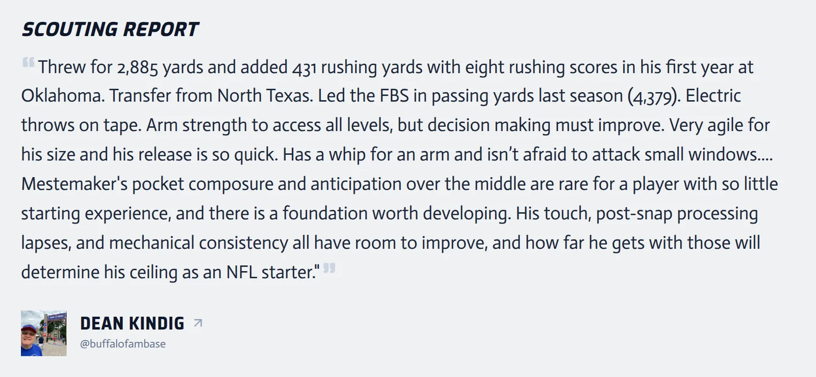 A scouting report on a player page, published under the partner's own name and photo